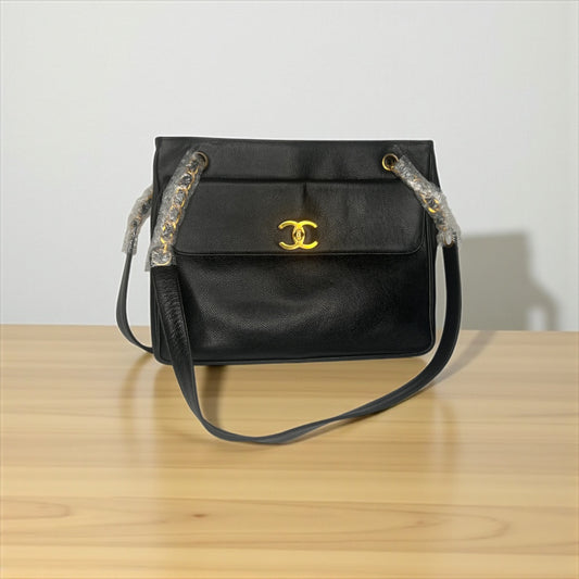 Chanel Vintage Caviar Leather Shoulder Bag with Gold CC Logo