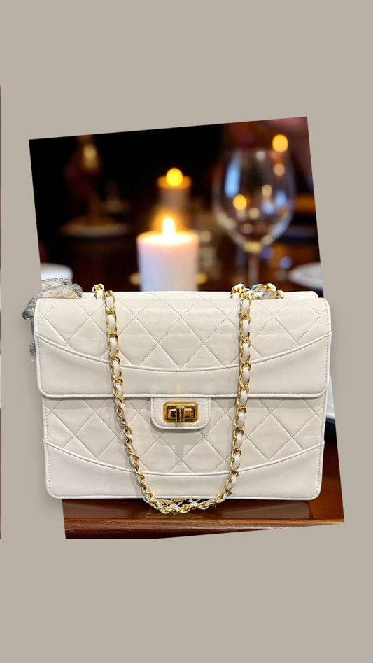 Chanel 2.55 Reissue White Quilted Leather Shoulder Bag with Gold Hardware