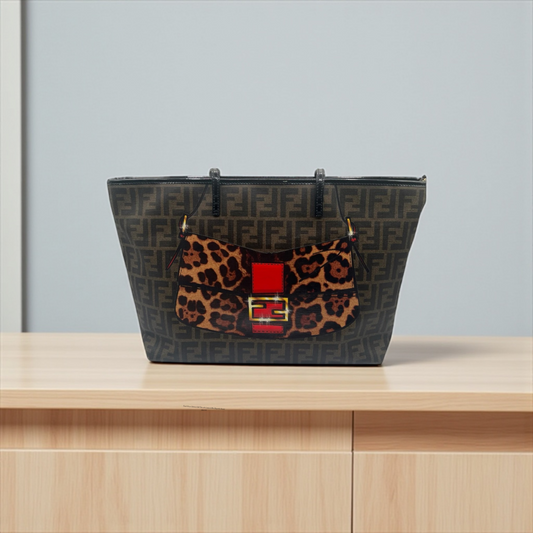 Fendi Zucca Spalmati Roll Tote with Leopard Mini Baguette Accent