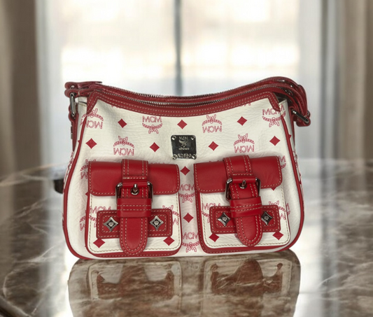 MCM Visetos White and Red Shoulder Bag with Front Buckle Pockets