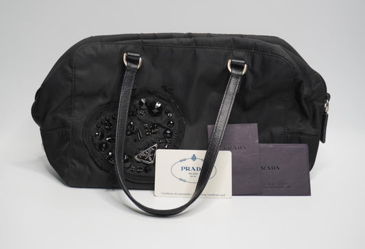 Prada Tessuto Nylon Satchel Bag with Jeweled Logo Patch