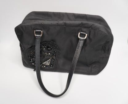 Prada Tessuto Nylon Satchel Bag with Jeweled Logo Patch