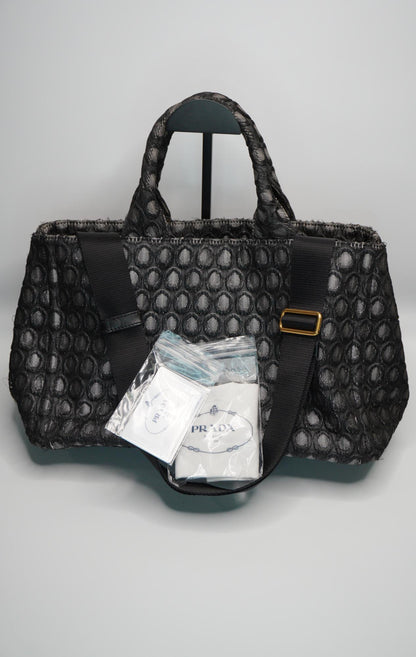 Prada Black Canapa Honeycomb Canvas Tote Bag