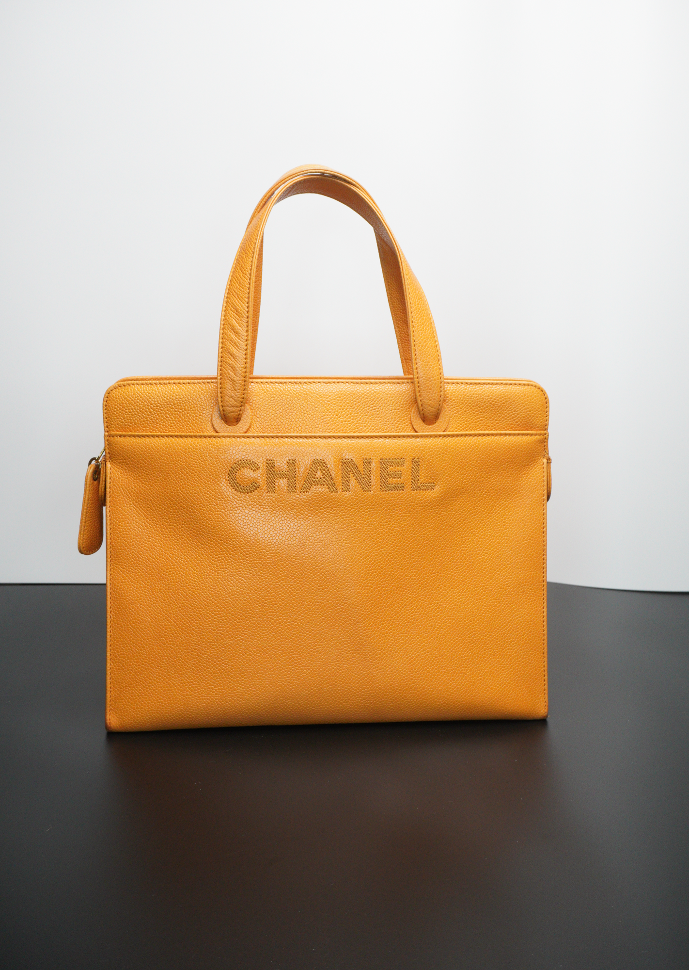 Chanel Orange Caviar CC Stitch Zip Tote Bag