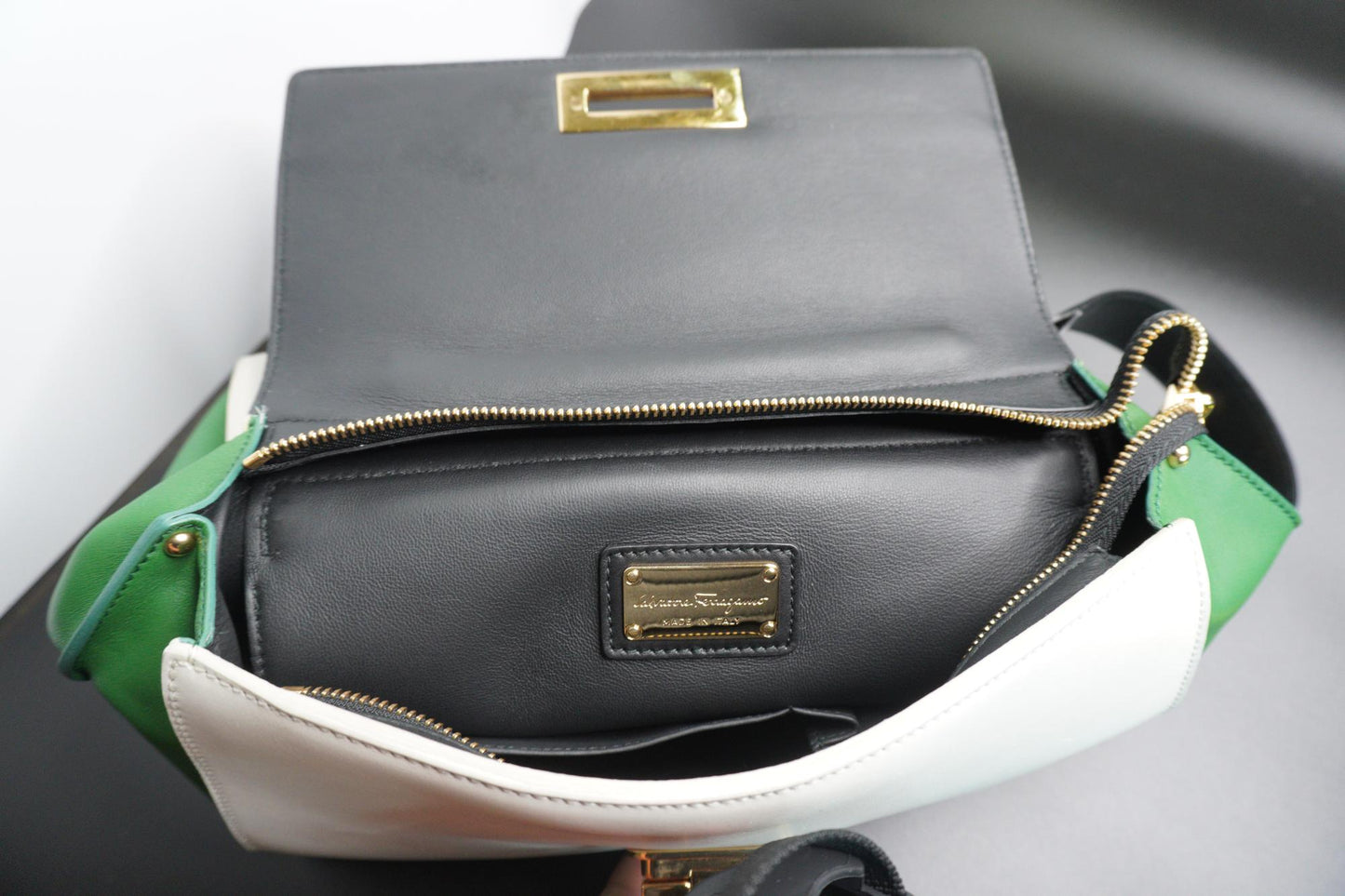 Salvatore Ferragamo Sofia Small Satchel – Black/White/Green