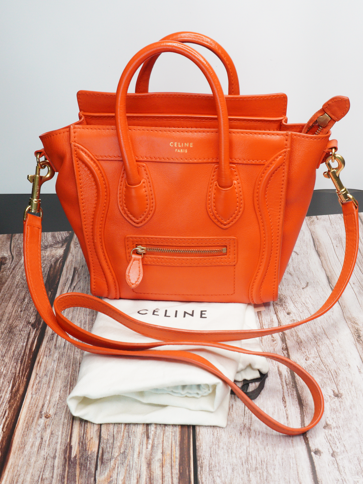 Céline Nano Luggage Tote in Orange Calfskin Leather