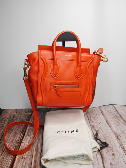 Céline Nano Luggage Tote in Orange Calfskin Leather