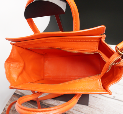 Céline Nano Luggage Tote in Orange Calfskin Leather