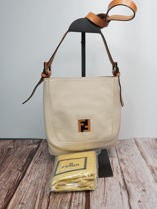Fendi Beige Canvas Croissant Shoulder Bag with Brown Leather Straps