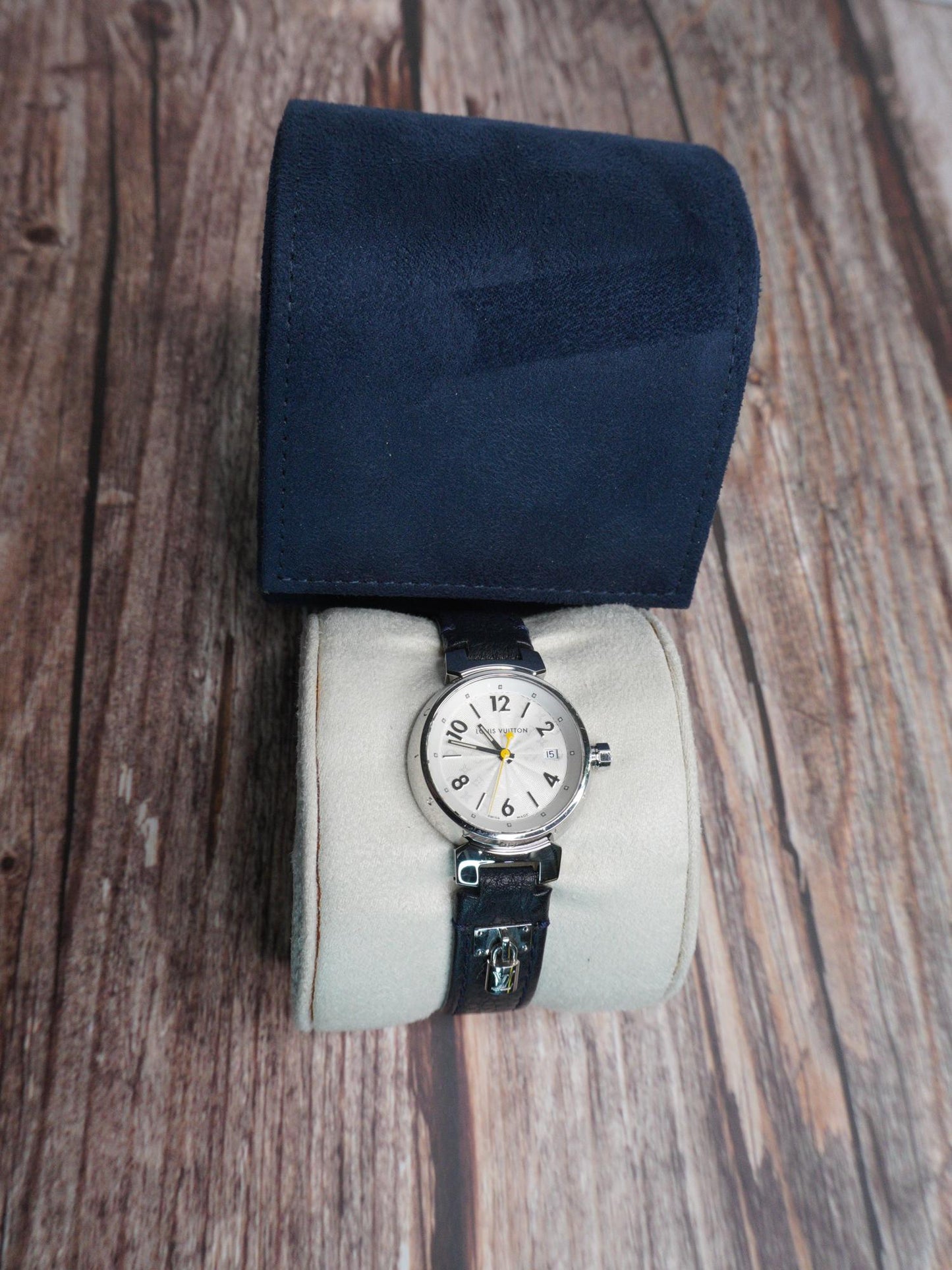 Louis Vuitton Tambour Watch with Black Leather Strap