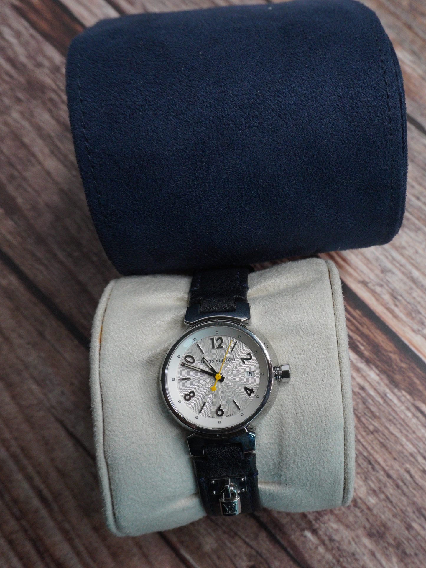 Louis Vuitton Tambour Watch with Black Leather Strap