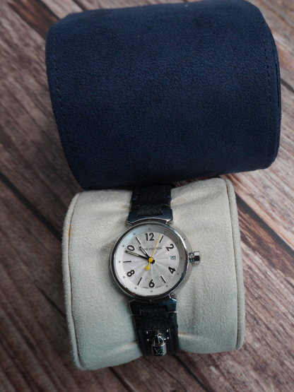 Louis Vuitton Tambour Watch with Black Leather Strap