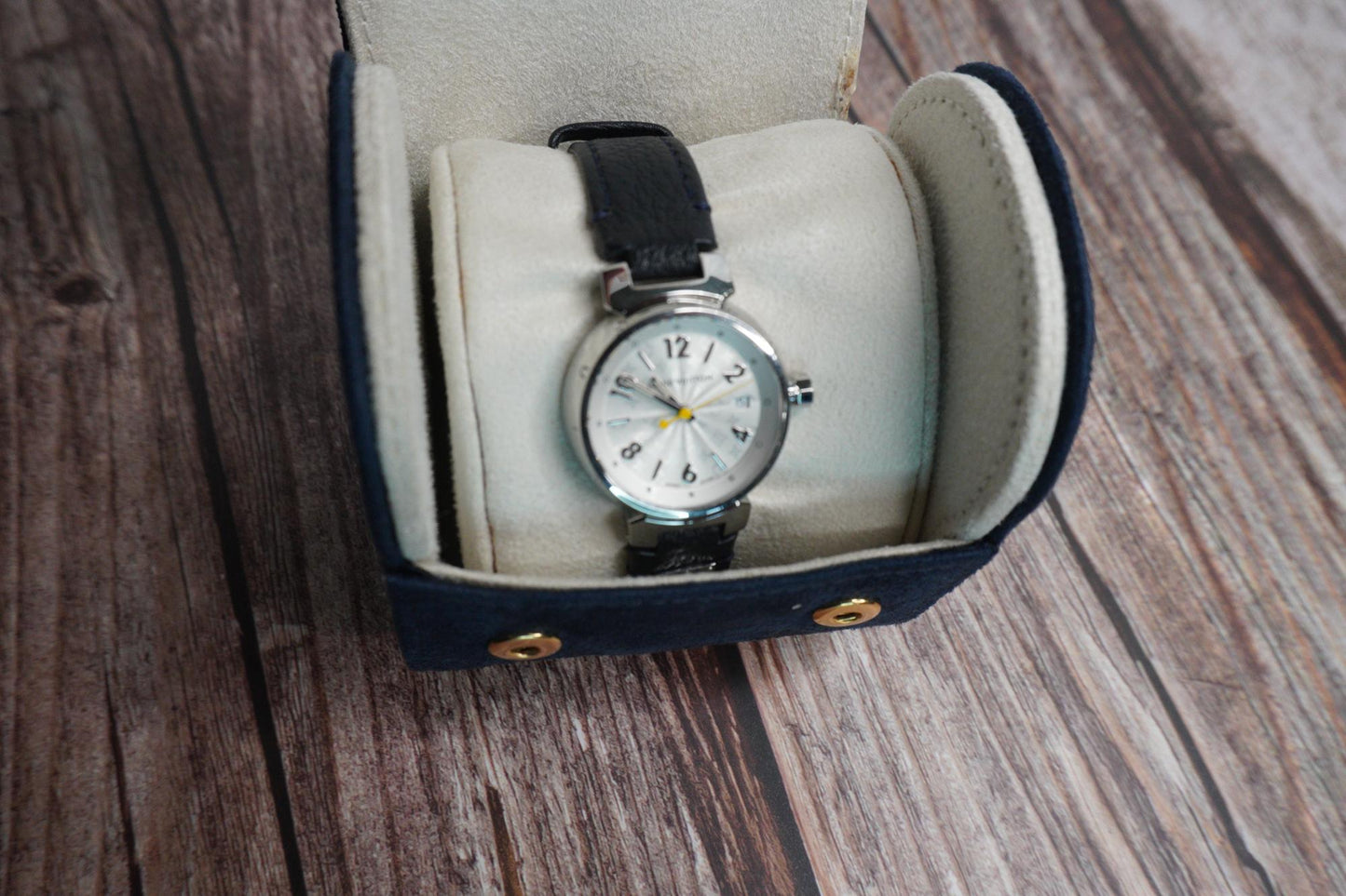 Louis Vuitton Tambour Watch with Black Leather Strap