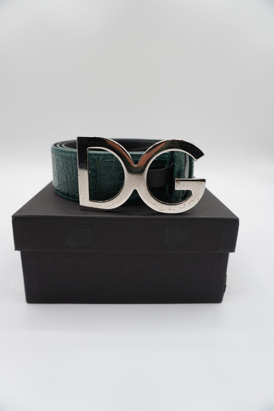 Dolce & Gabbana Green Crocodile-Embossed Leather Belt with DG Buckle