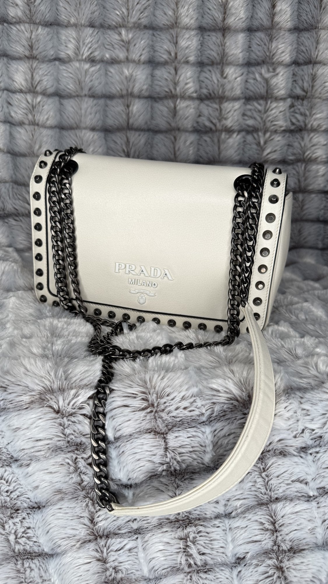 Prada Glace Calf Studded Crossbody Bag – White