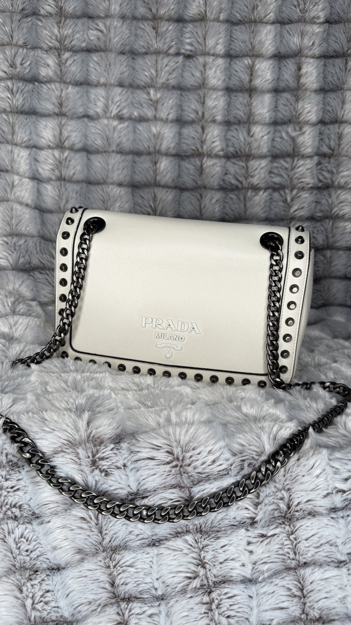 Prada Glace Calf Studded Crossbody Bag – White