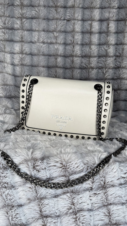 Prada Glace Calf Studded Crossbody Bag – White