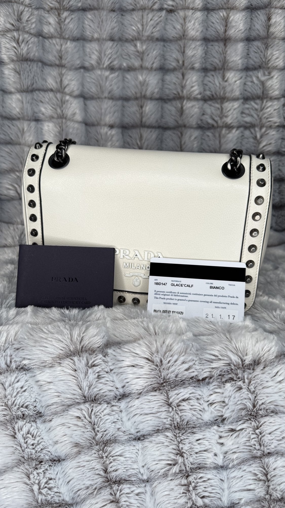 Prada Glace Calf Studded Crossbody Bag – White