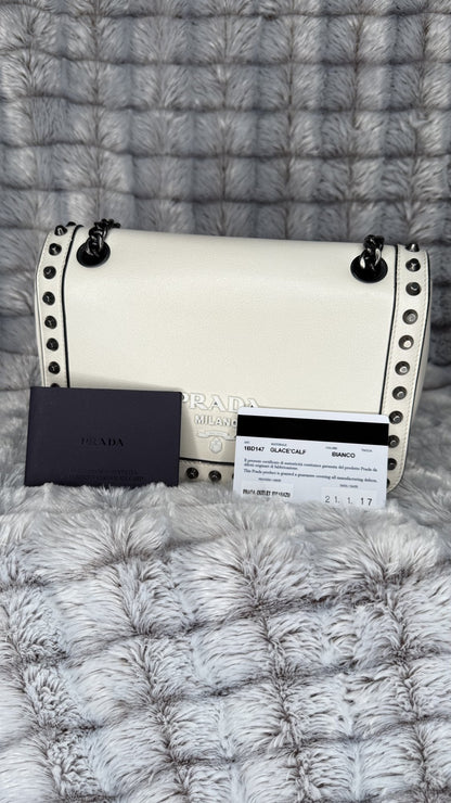 Prada Glace Calf Studded Crossbody Bag – White