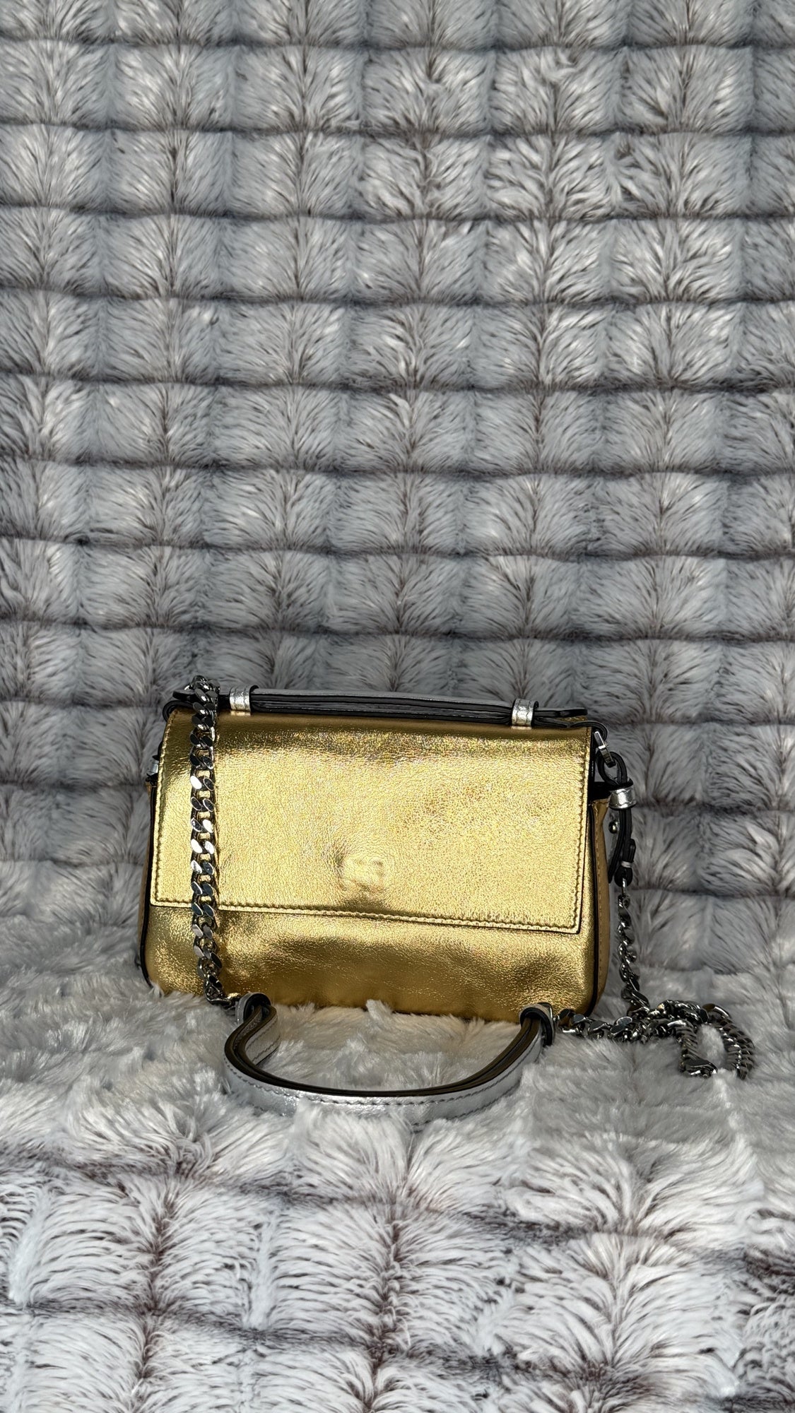 Fendi Silver Leather Mini Bag with Floral Appliqué
