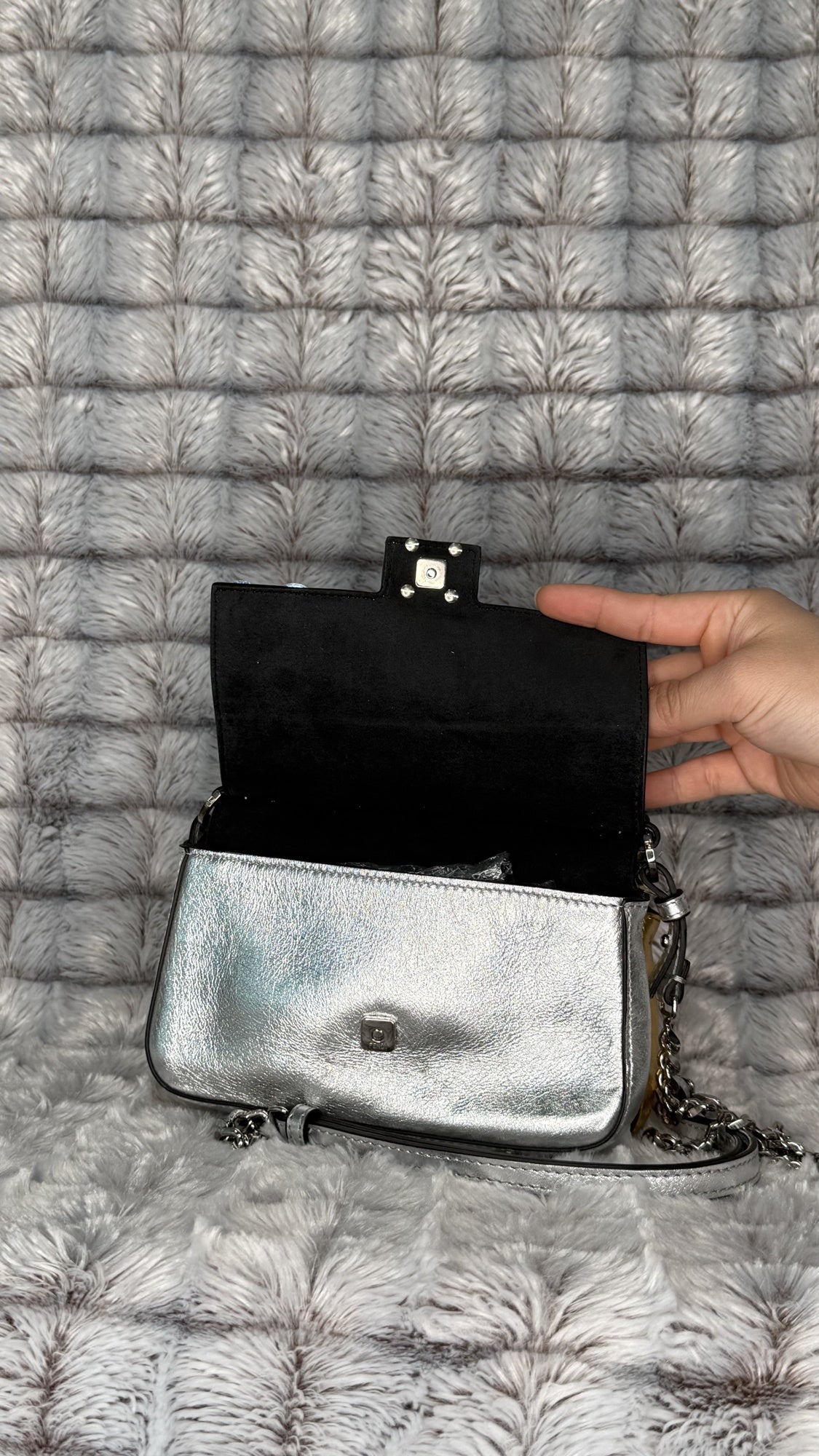 Fendi Silver Leather Mini Bag with Floral Appliqué