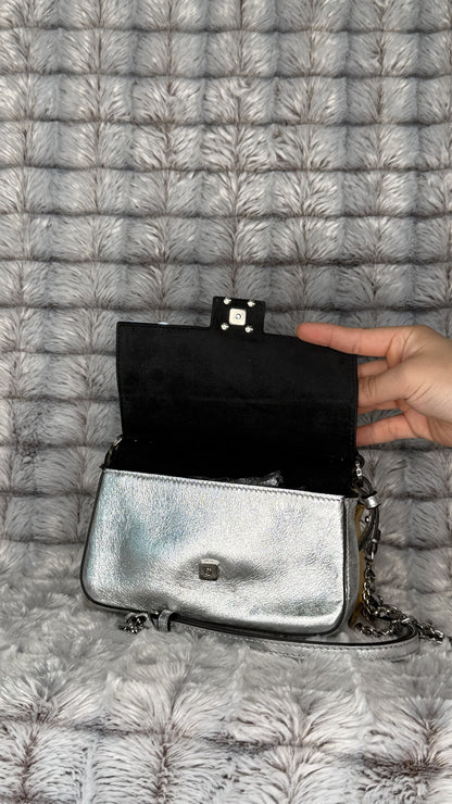 Fendi Silver Leather Mini Bag with Floral Appliqué