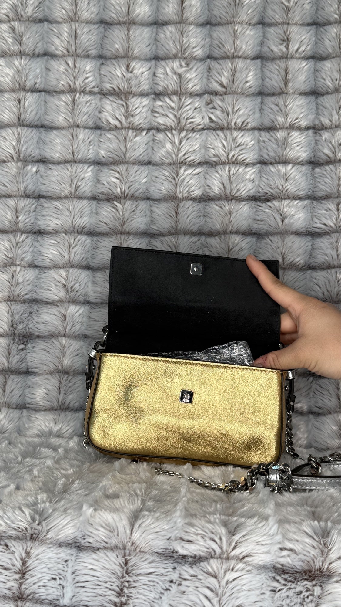 Fendi Silver Leather Mini Bag with Floral Appliqué