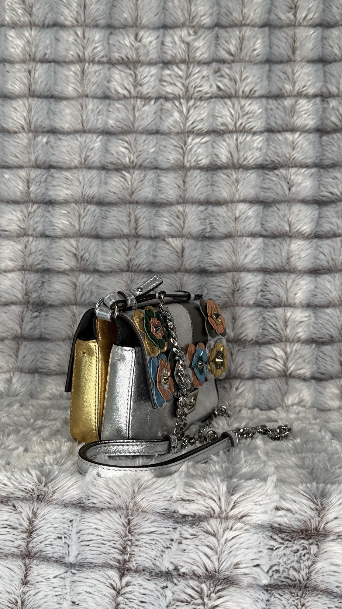 Fendi Silver Leather Mini Bag with Floral Appliqué