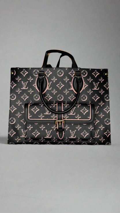 Designer handbag with monogram pattern on a textured surface