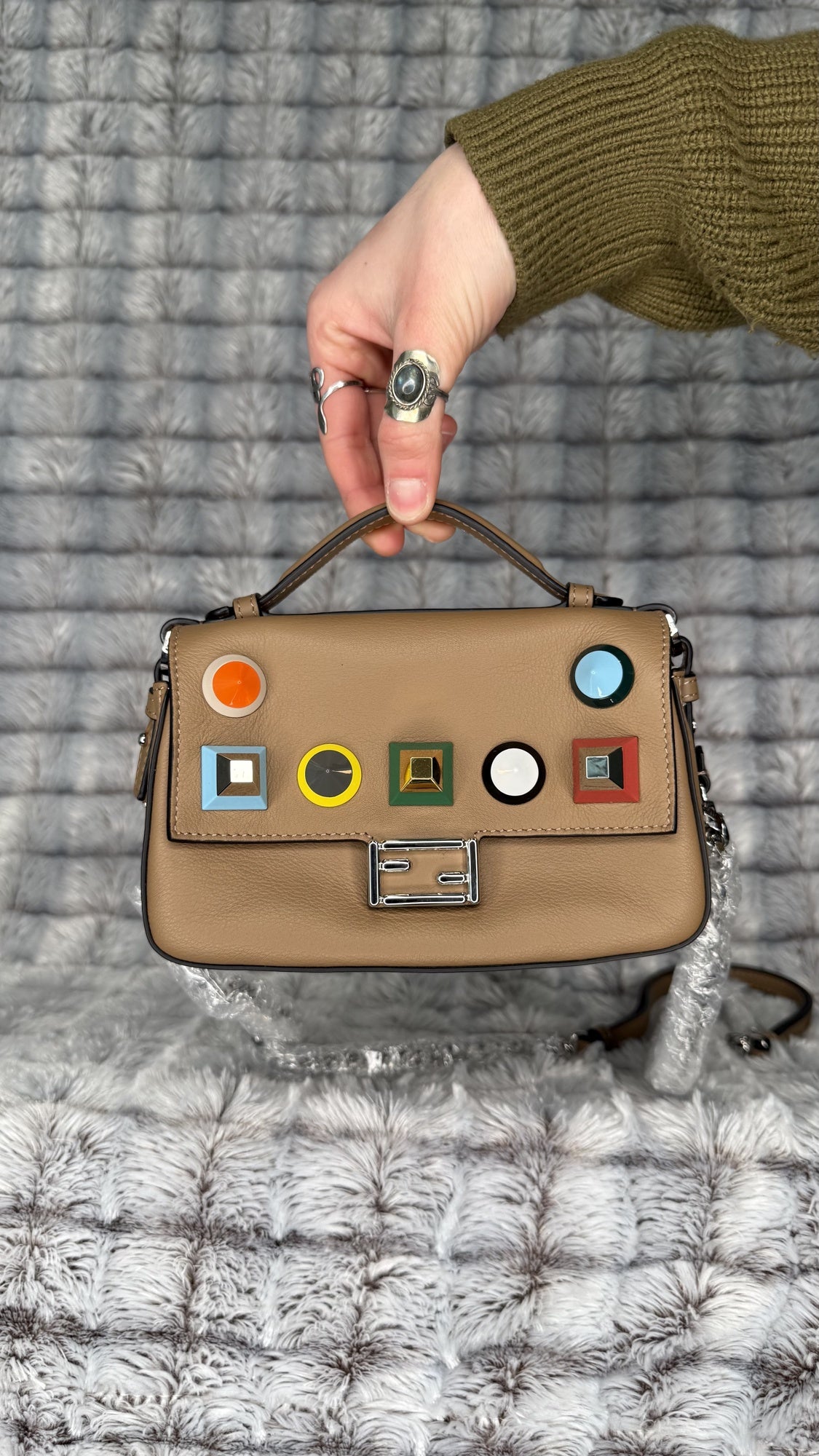 Fendi Beige Rainbow Stud Double Baguette