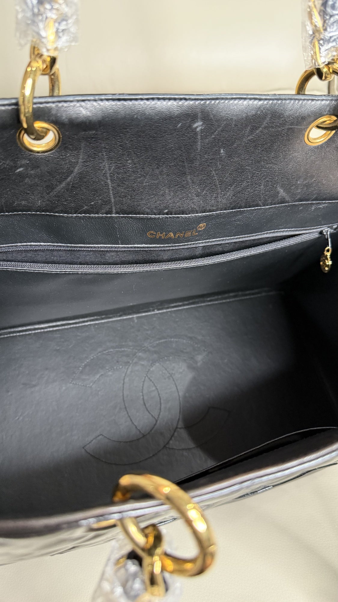 Chanel Medallion Diamond-Quilted Patent Shopping Tote
