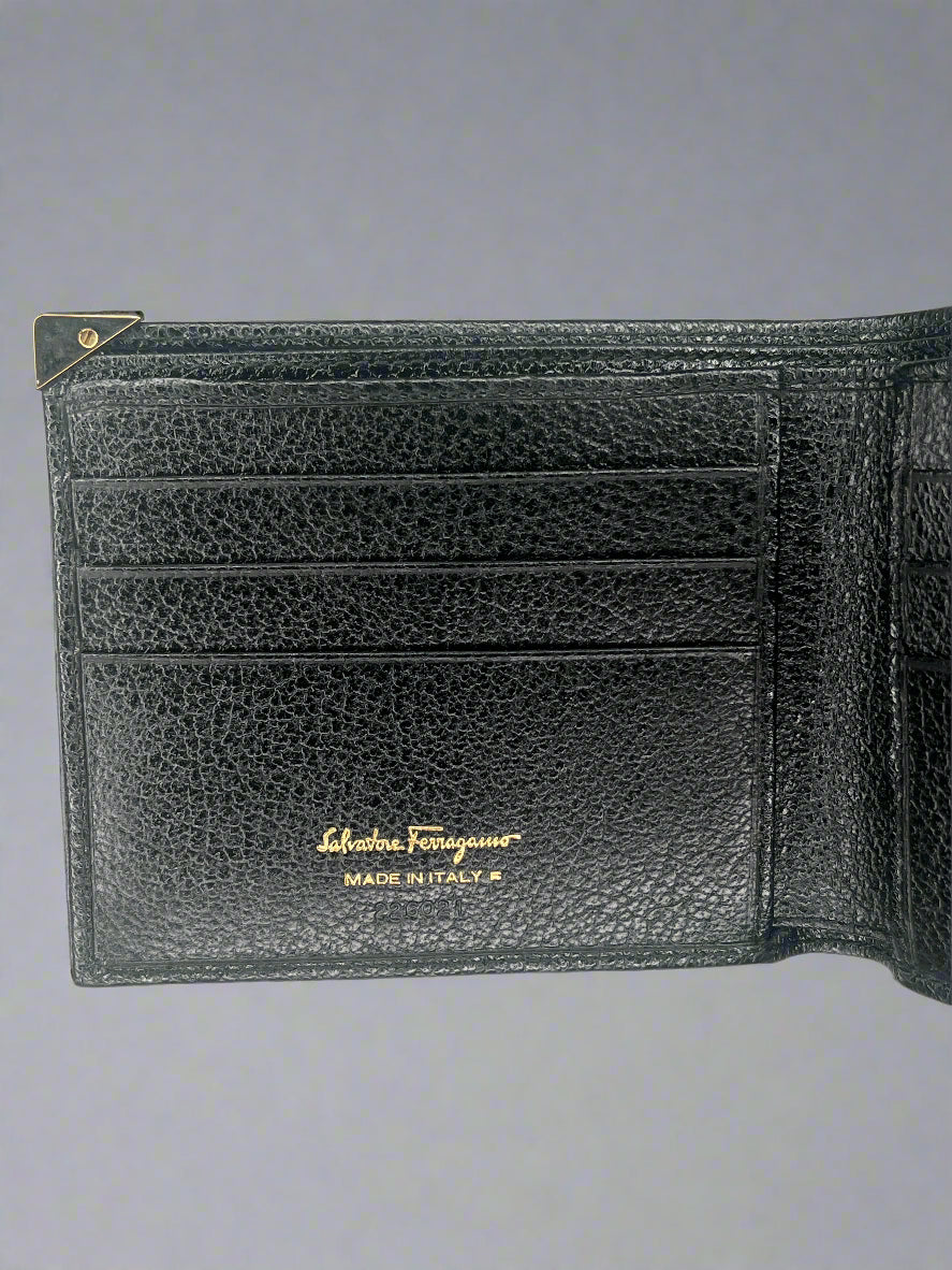 Salvatore Ferragamo Men's Black Leather Wallet with Gold Corner Detail