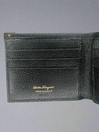 Salvatore Ferragamo Men's Black Leather Wallet with Gold Corner Detail