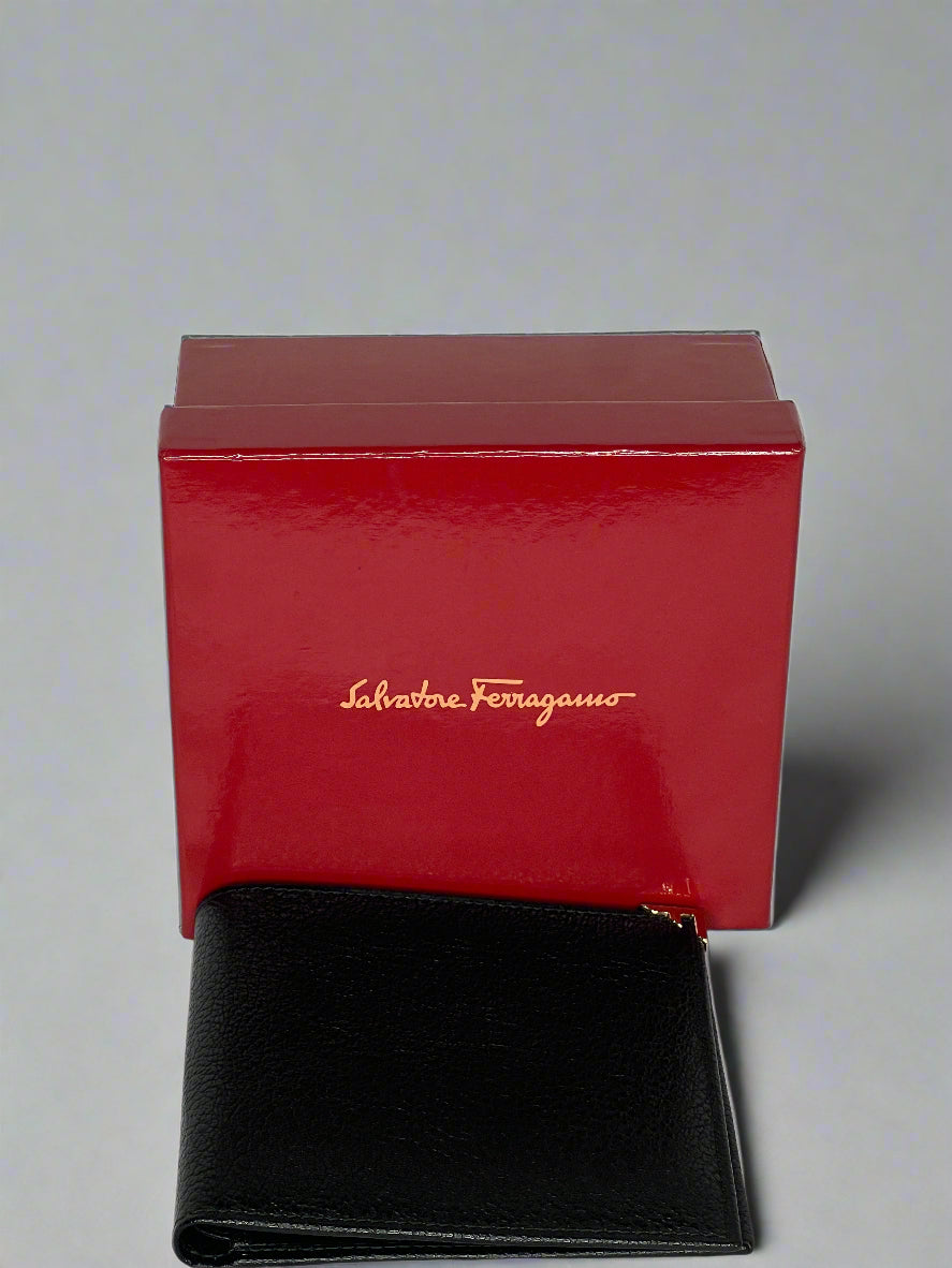 Salvatore Ferragamo Men's Black Leather Wallet with Gold Corner Detail