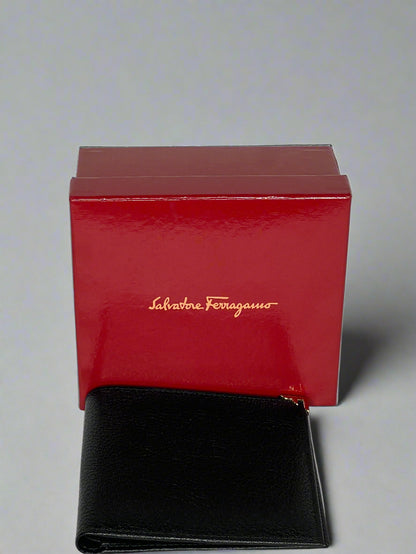 Salvatore Ferragamo Men's Black Leather Wallet with Gold Corner Detail
