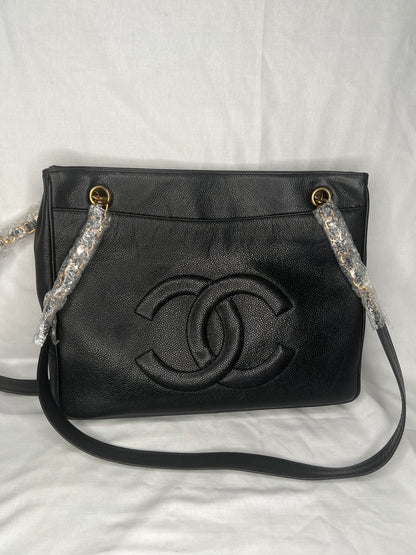 Chanel Vintage Caviar Leather Shoulder Bag with Gold CC Logo