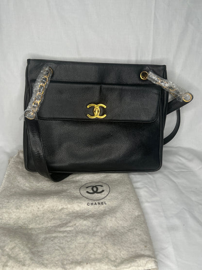 Chanel Vintage Caviar Leather Shoulder Bag with Gold CC Logo