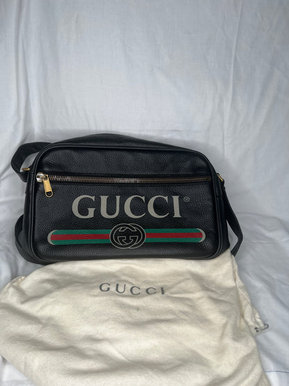 Gucci Black Leather Logo Messenger Bag