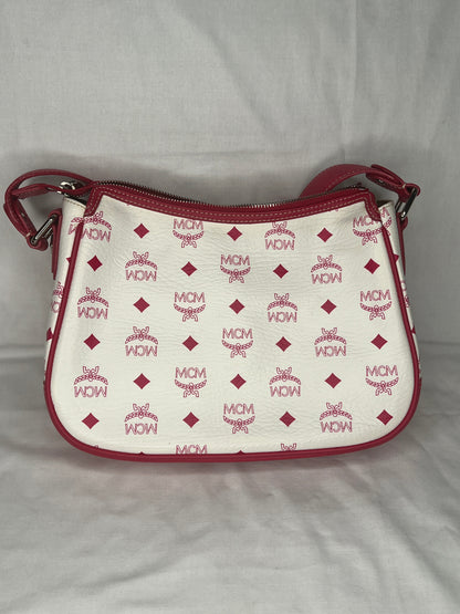 MCM Visetos White and Red Shoulder Bag with Front Buckle Pockets