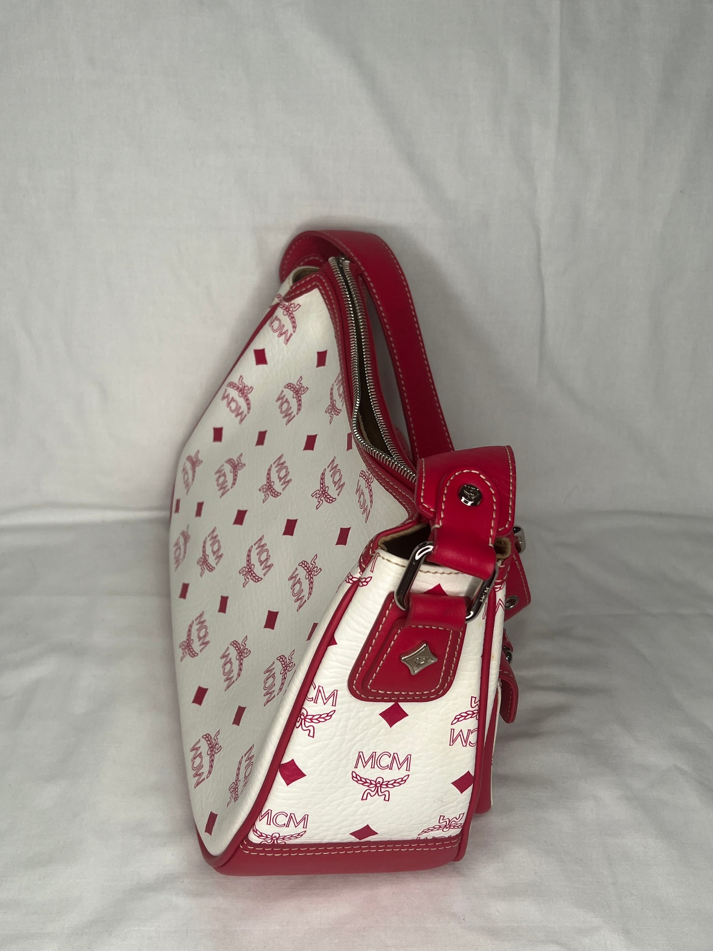 MCM Visetos White and Red Shoulder Bag with Front Buckle Pockets
