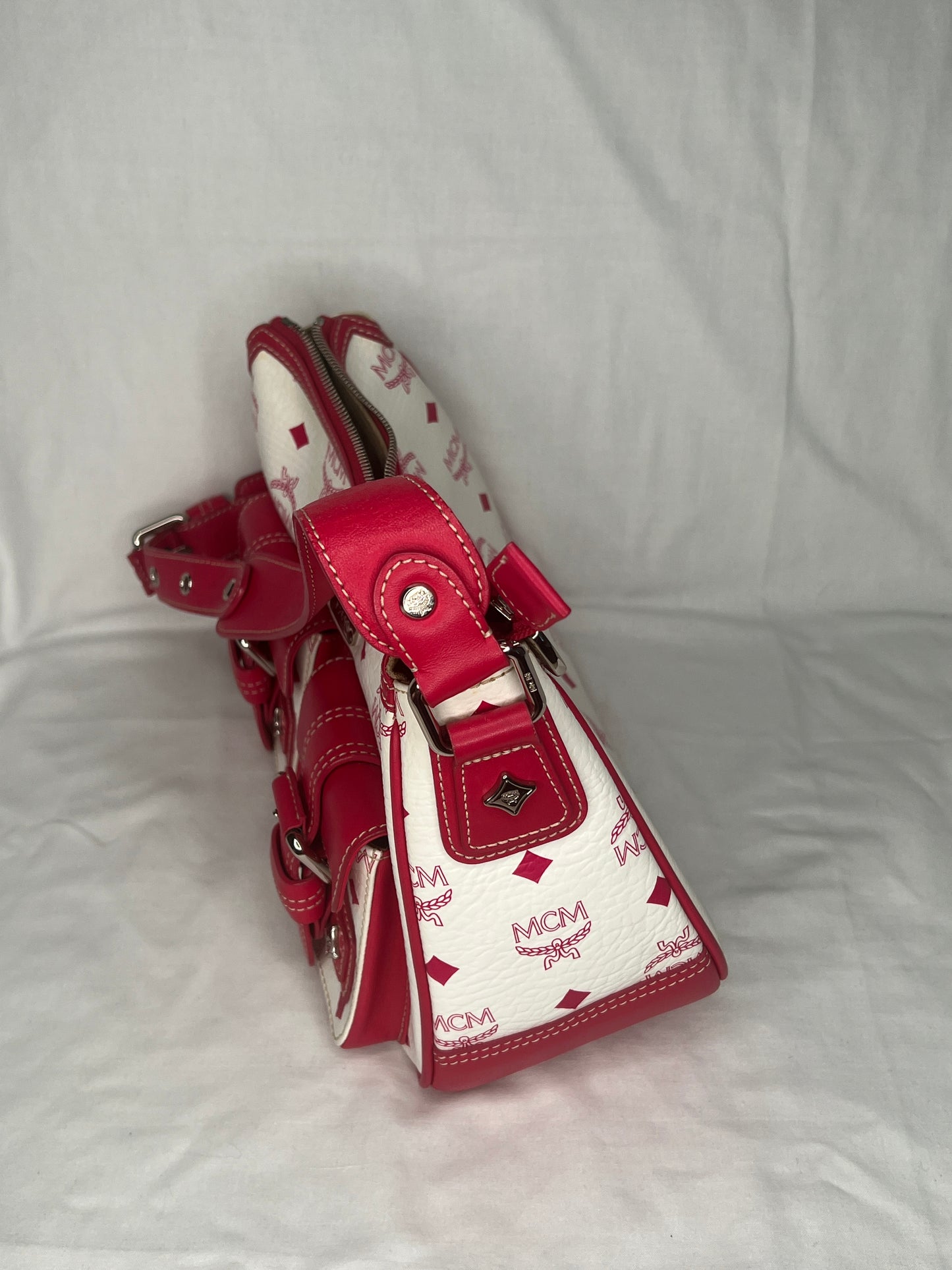 MCM Visetos White and Red Shoulder Bag with Front Buckle Pockets