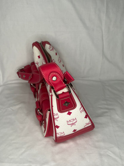 MCM Visetos White and Red Shoulder Bag with Front Buckle Pockets
