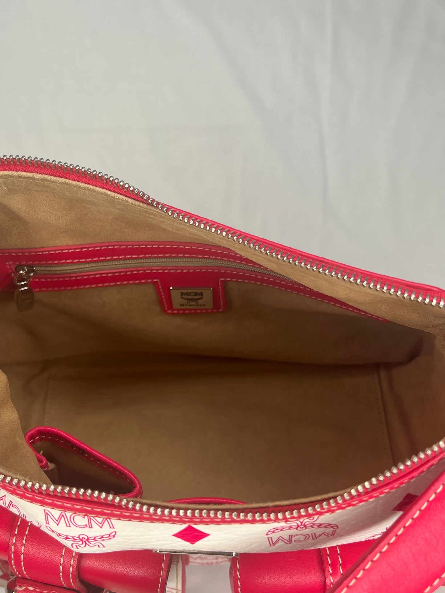 MCM Visetos White and Red Shoulder Bag with Front Buckle Pockets
