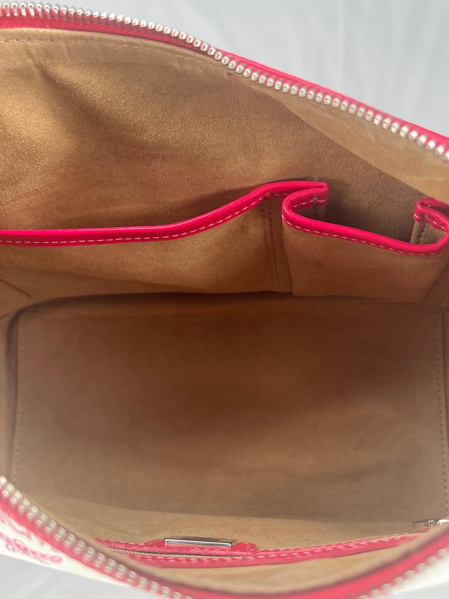 MCM Visetos White and Red Shoulder Bag with Front Buckle Pockets