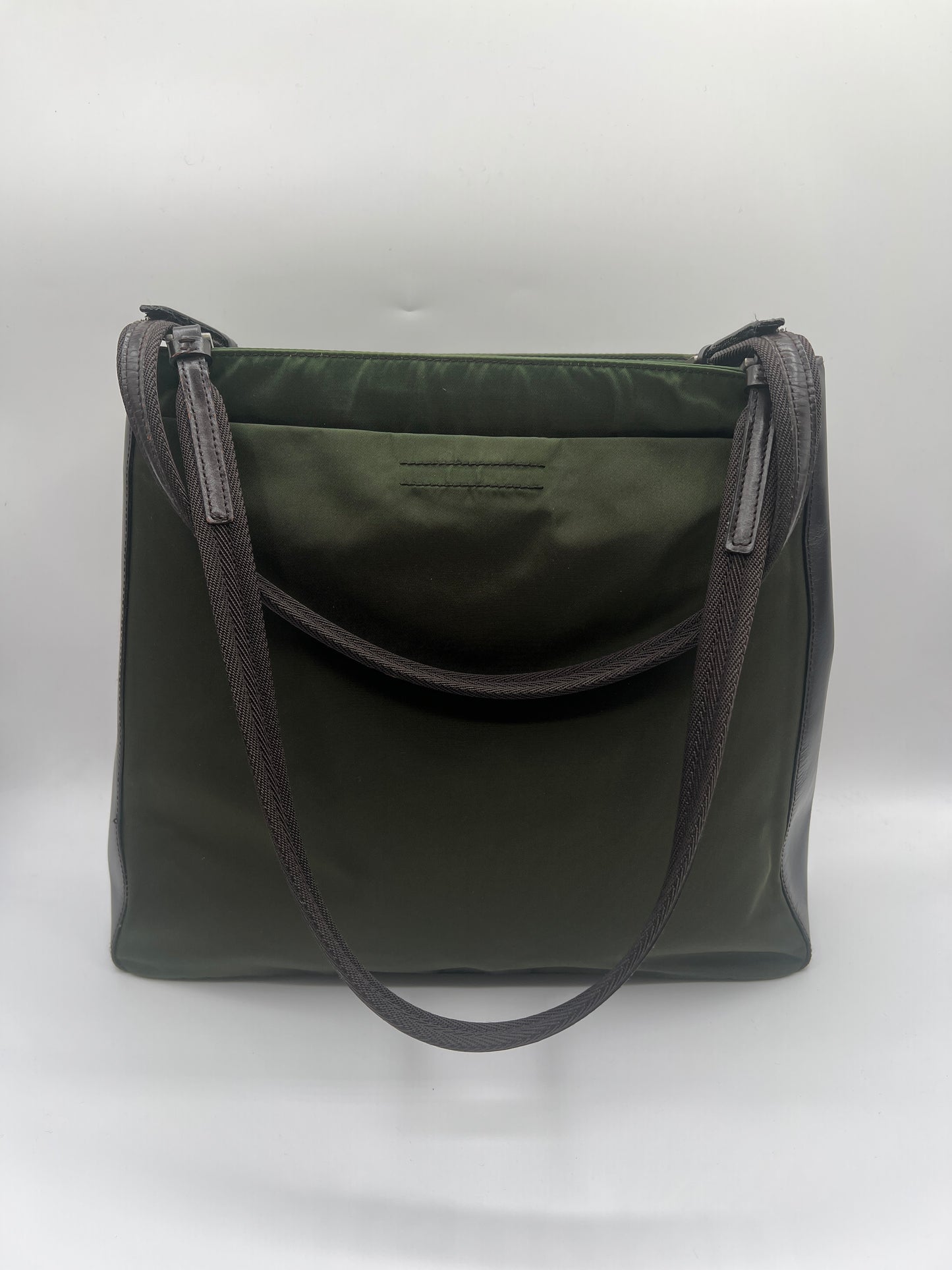 Prada Olive Green Nylon Tote Bag with Brown Leather Trim