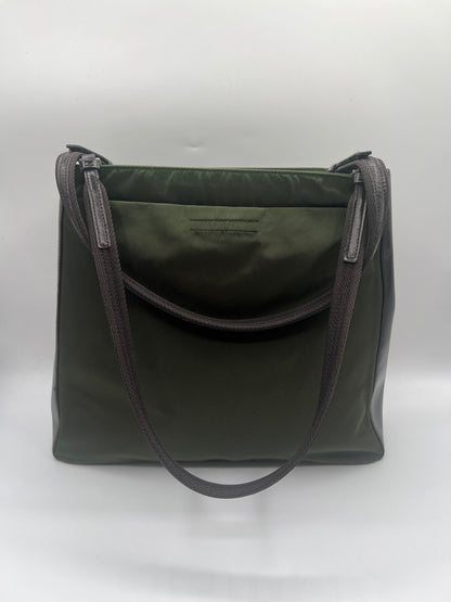 Prada Olive Green Nylon Tote Bag with Brown Leather Trim
