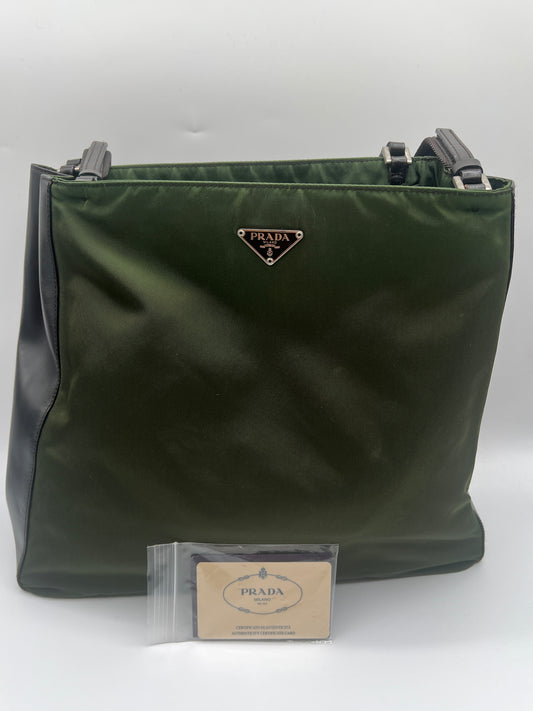 Prada Olive Green Nylon Tote Bag with Brown Leather Trim