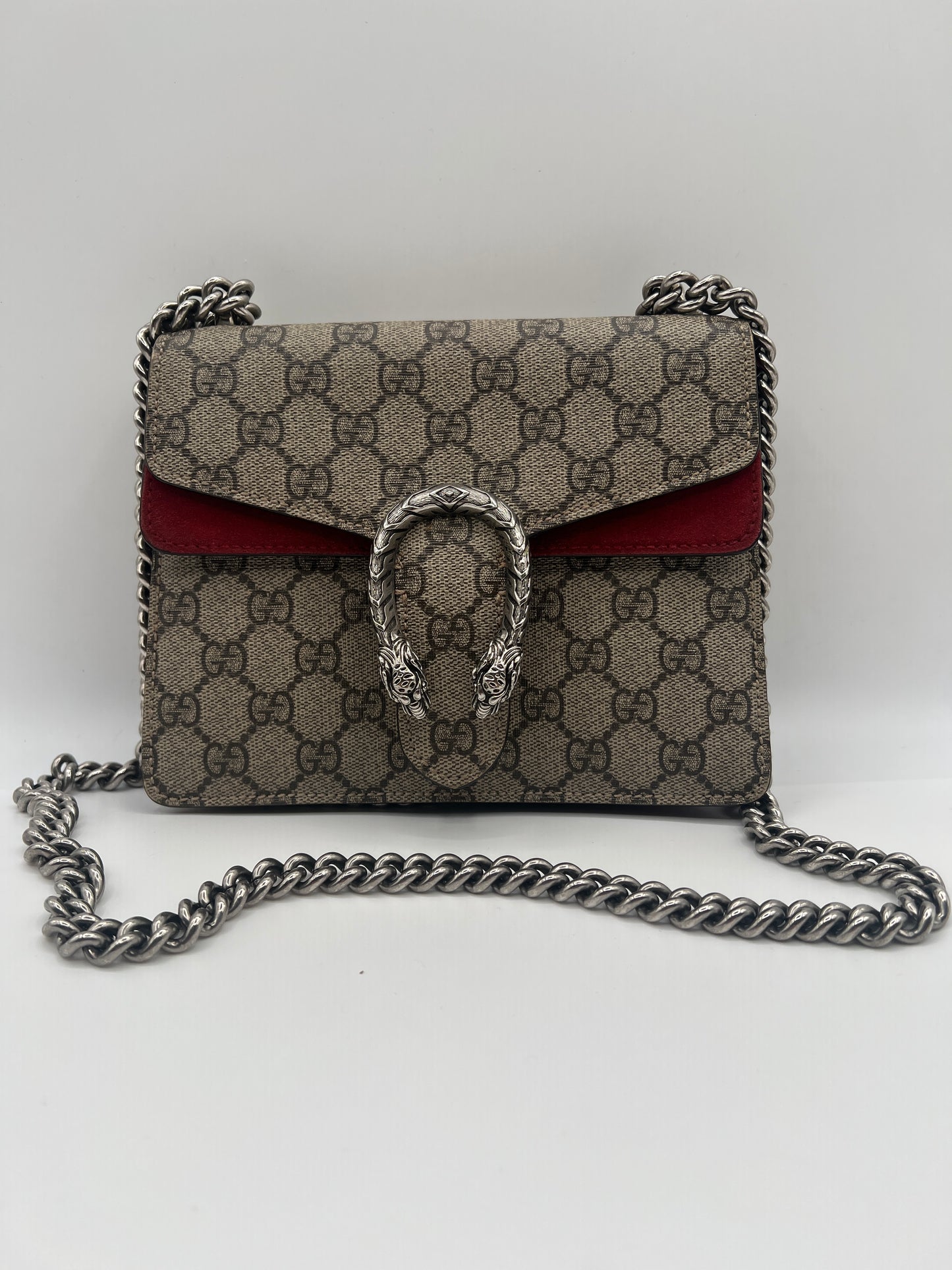 Gucci Dionysus Small GG Supreme Shoulder Bag – Red Suede Accent