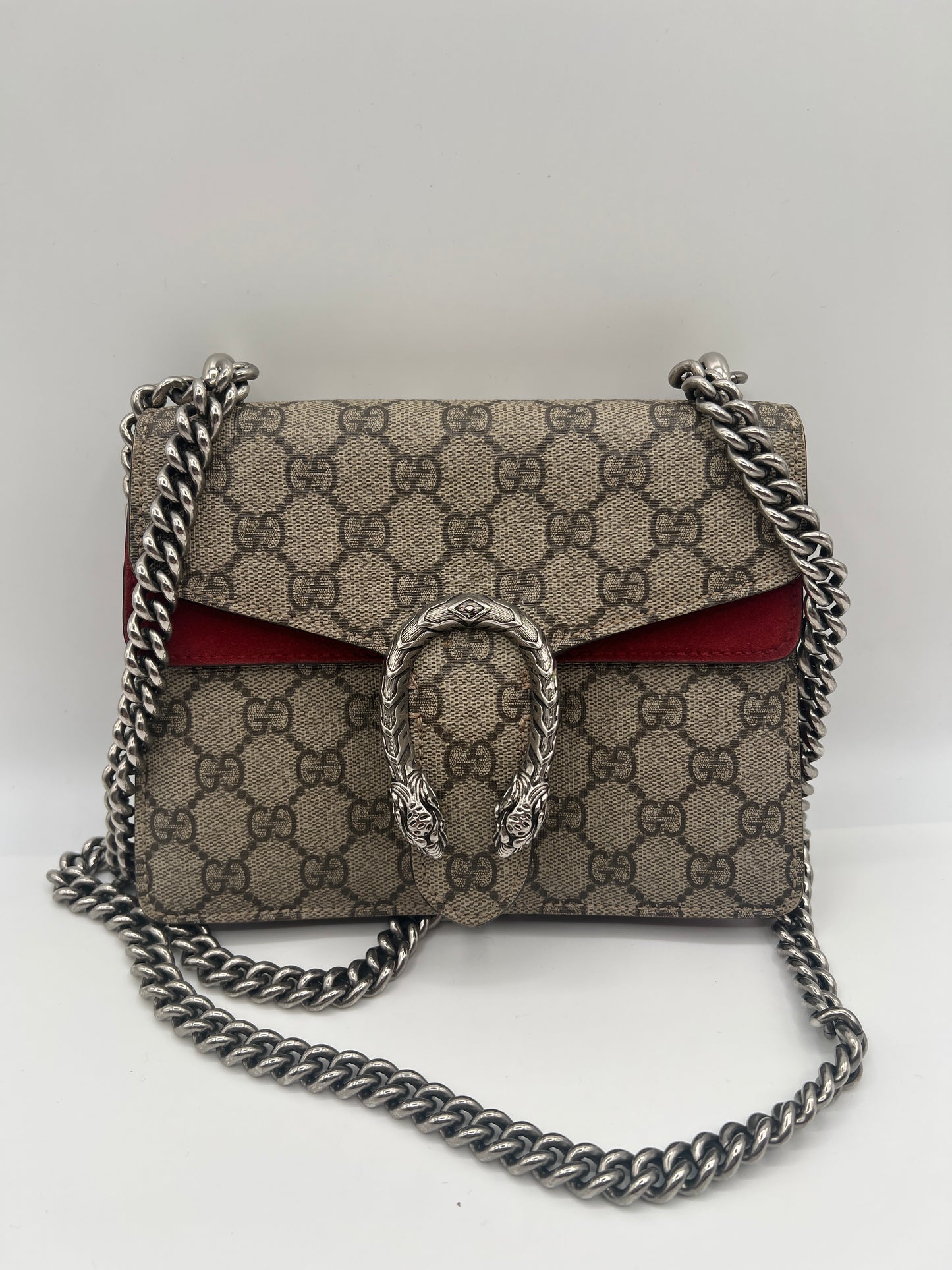 Gucci Dionysus Small GG Supreme Shoulder Bag – Red Suede Accent