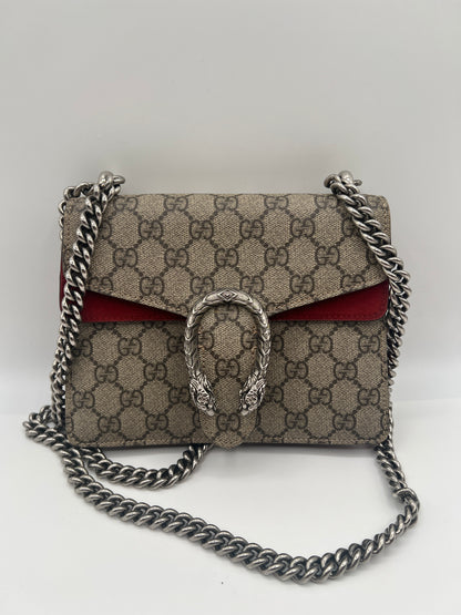 Gucci Dionysus Small GG Supreme Shoulder Bag – Red Suede Accent